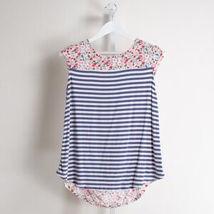 Matilda Jane Womens Size M Floral Stripe blue pink Tunic Top‎ Cap Sleeve Buttons